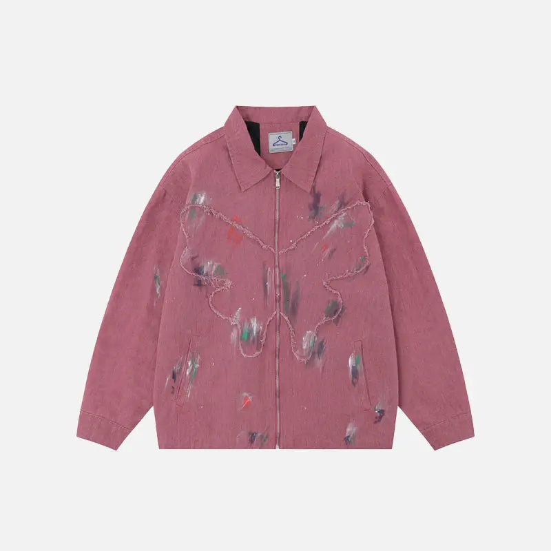 Splash ink embroidered butterfly jean jacket y2k - pink / s - jackets