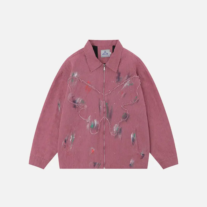 Splash ink embroidered butterfly jean jacket y2k - pink / s - jackets