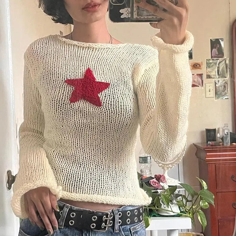 Beige knitted top with star embroidery and wide neckline - s - sweater