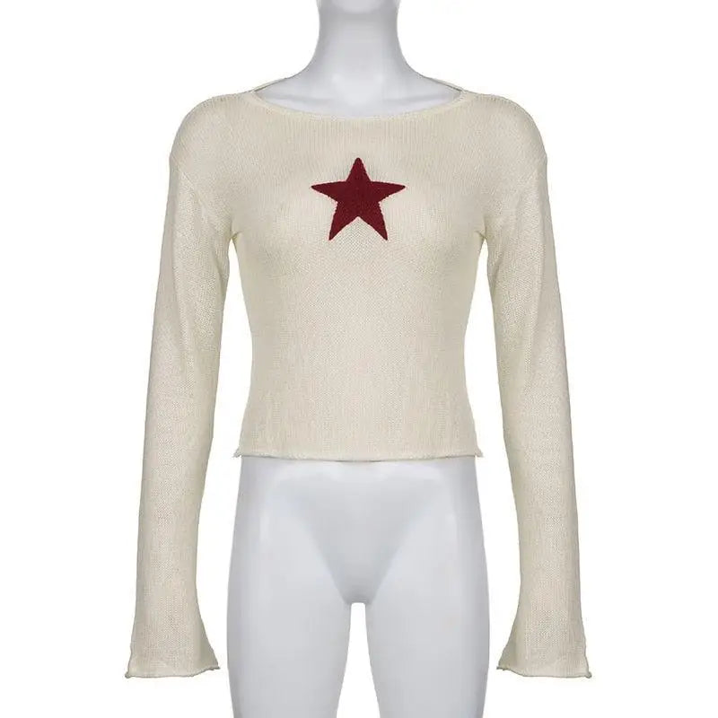 Beige knitted top with star embroidery and wide neckline - sweater