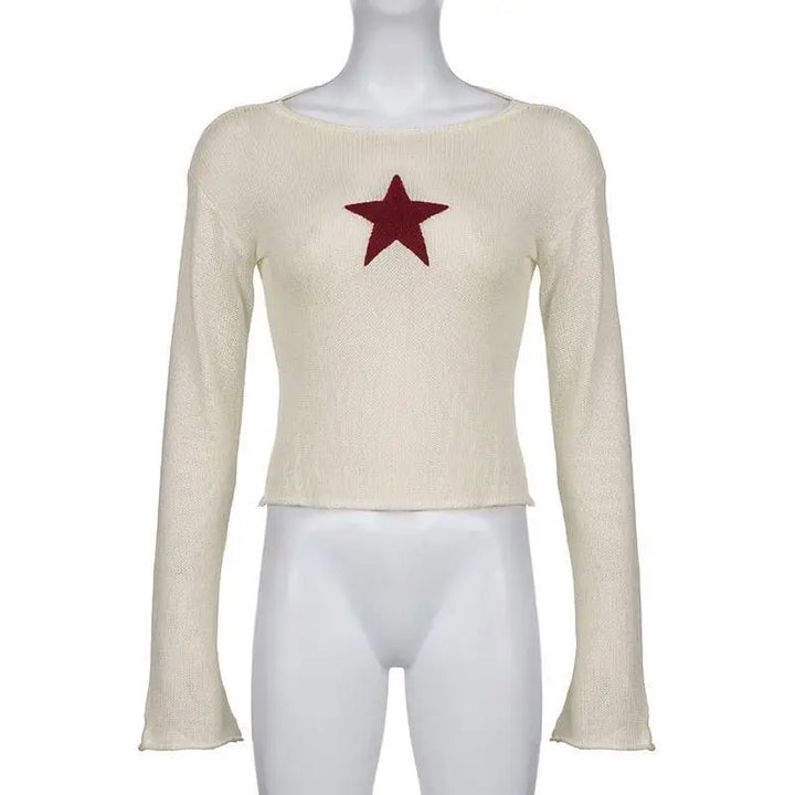 Beige knitted top with star embroidery and wide neckline - sweater