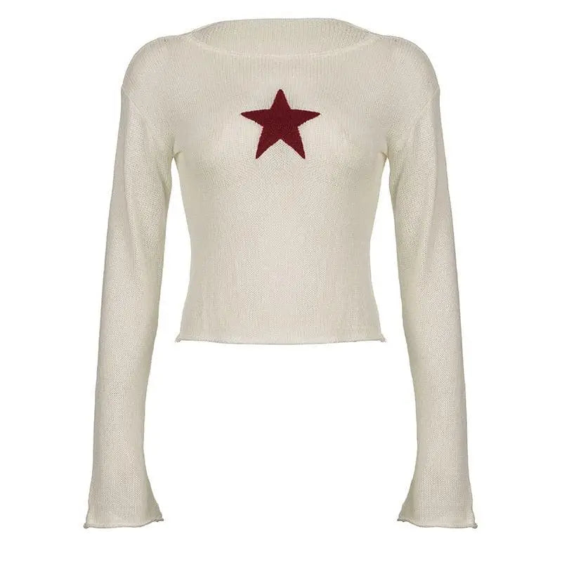 Beige knitted top with star embroidery and wide neckline - sweater