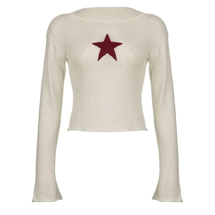 Beige knitted top with star embroidery and wide neckline - sweater