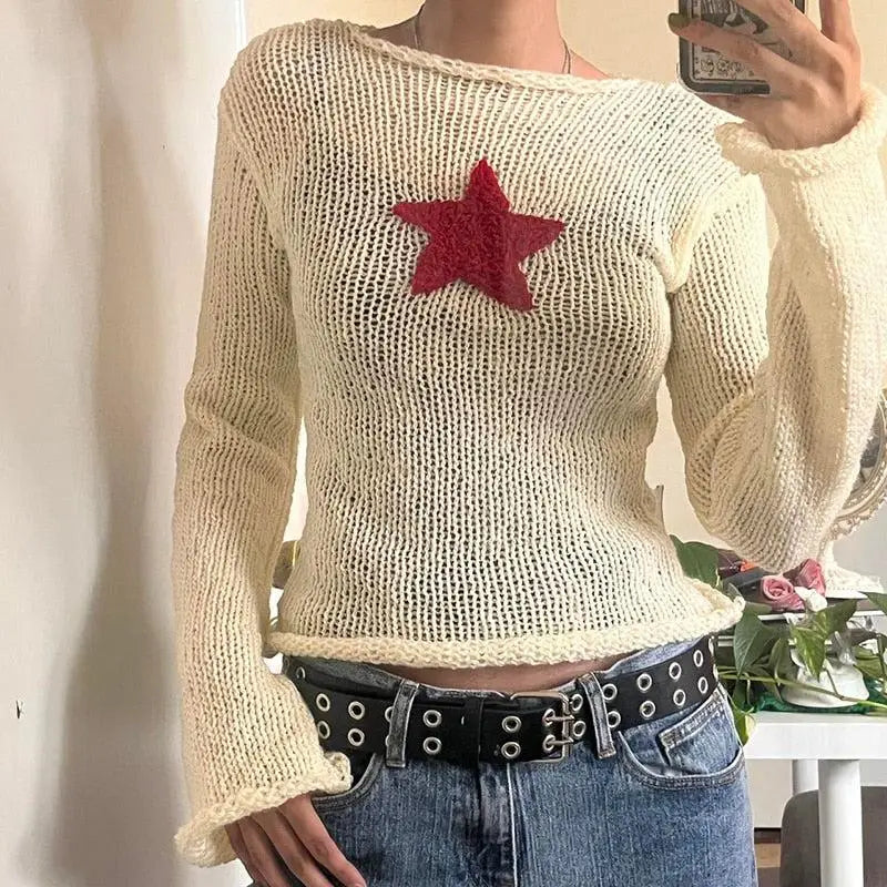 Beige knitted top with star embroidery and wide neckline - sweater