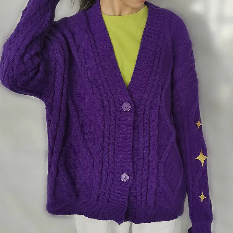 Cozy purple cardigan with star embroidery for a y2k look