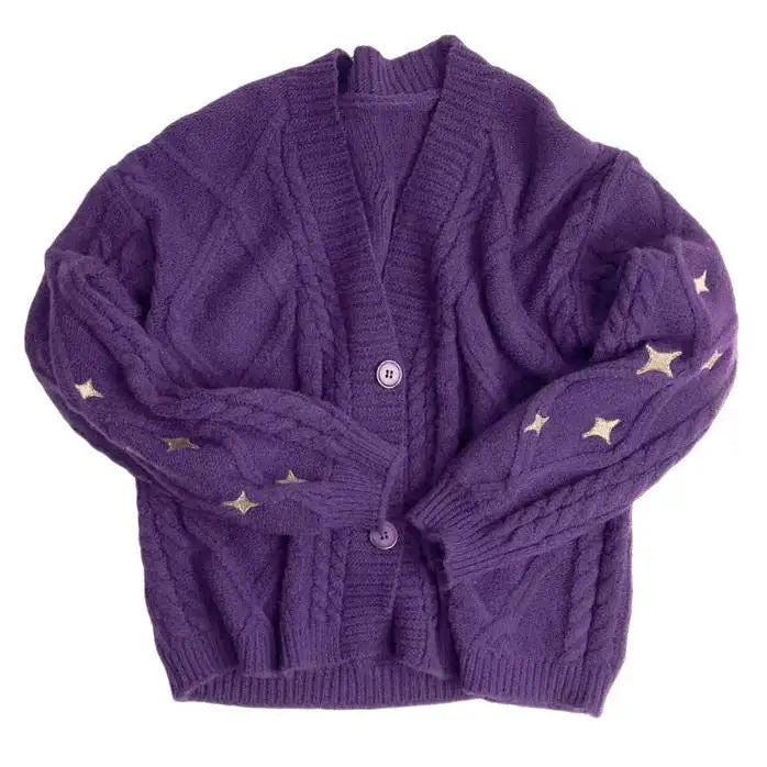 Cozy purple cardigan with star embroidery for a y2k look