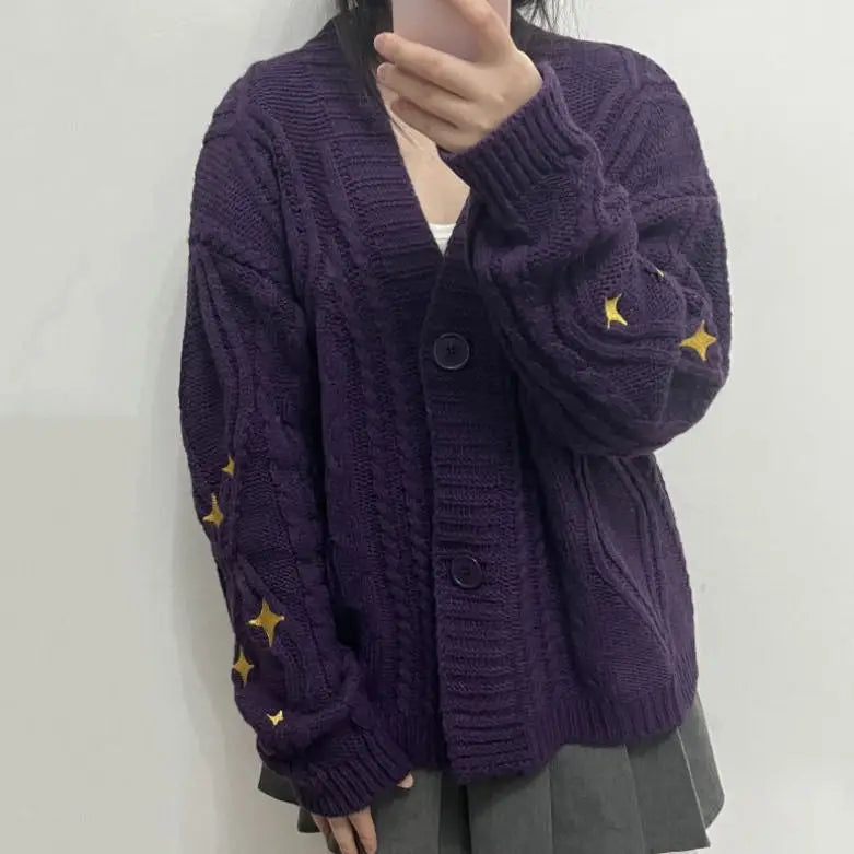 Cozy purple cardigan with star embroidery for a y2k look