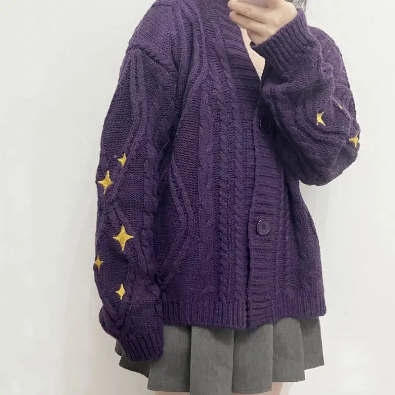 Cozy purple cardigan with star embroidery for a y2k look