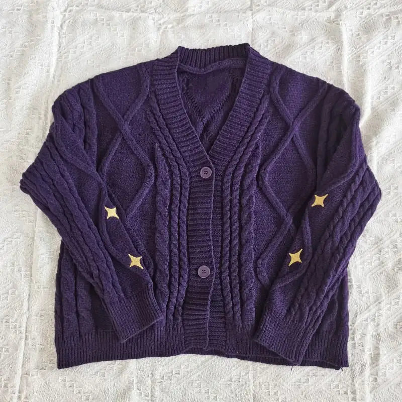 Cozy purple cardigan with star embroidery for a y2k look