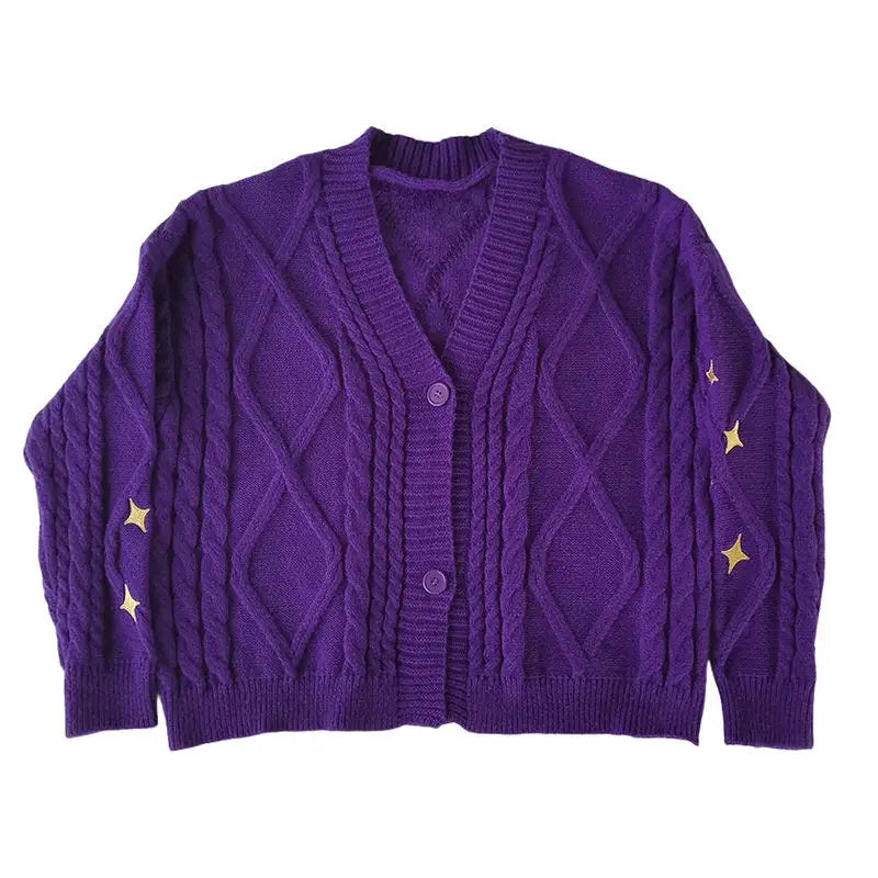 Cozy purple cardigan with star embroidery for a y2k look - s