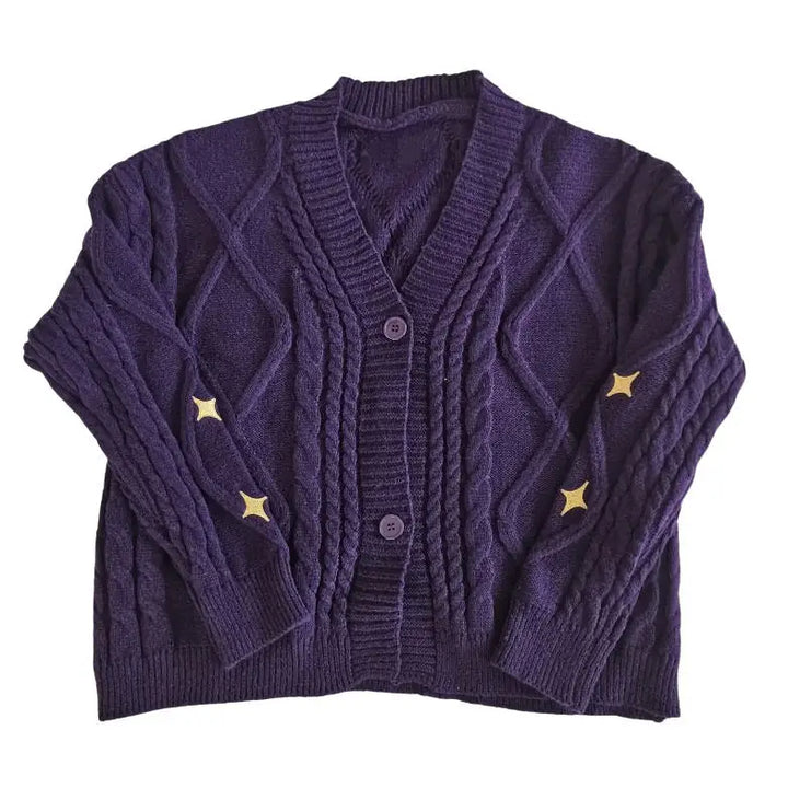 Cozy purple cardigan with star embroidery for a y2k look - s / dark purple