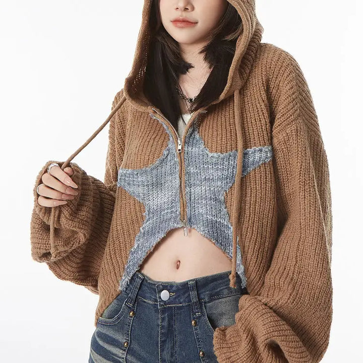 Star girl aesthetic zip up knit hoodie - m / brown - sweater