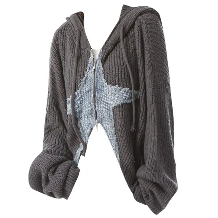 Cropped y2k sweater jacket with star design and hoodie - m / grey