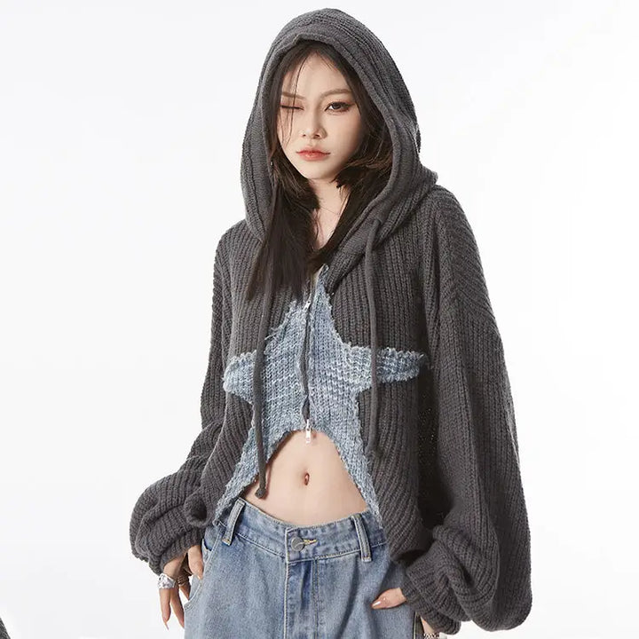 Cropped y2k sweater jacket with star design and hoodie