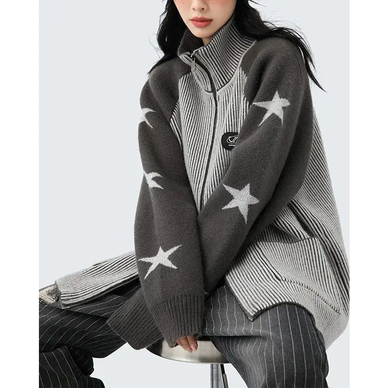 Trendy y2k full zip jacket with ribbed knit and star sleeves - sweater