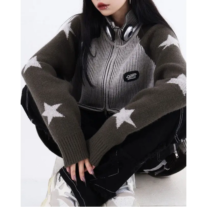 Trendy y2k full zip jacket with ribbed knit and star sleeves - sweater