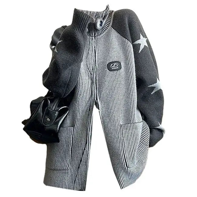 Trendy y2k full zip jacket with ribbed knit and star sleeves - s / grey - sweater