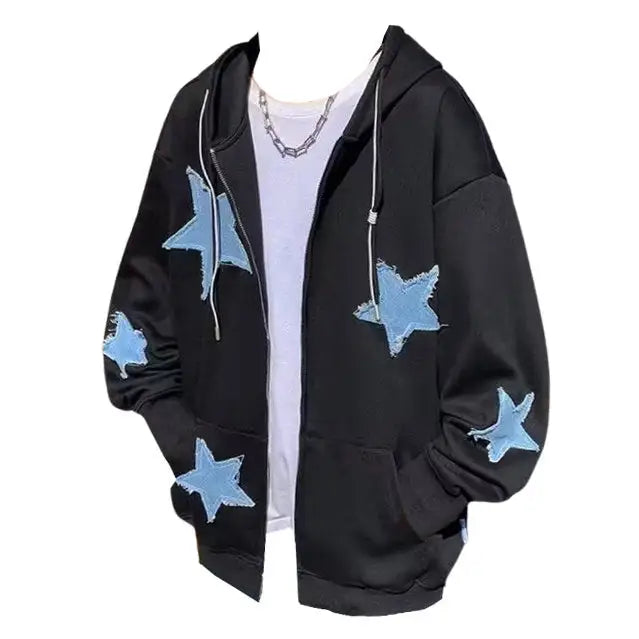 Star patch aesthetic zip up hoodie - m / black