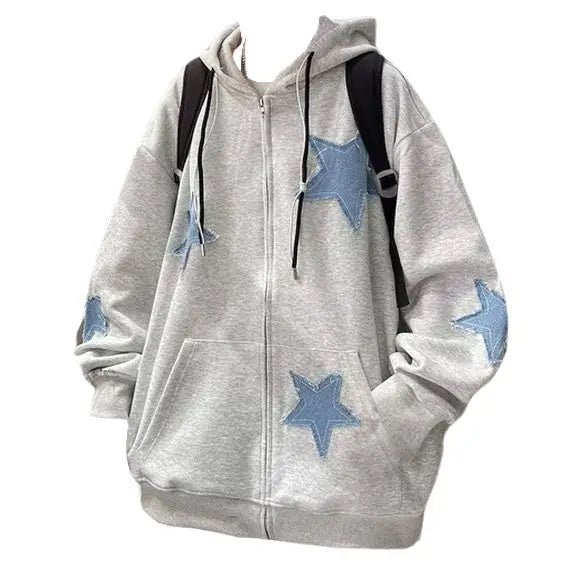 Star patch aesthetic zip up hoodie - m / gray