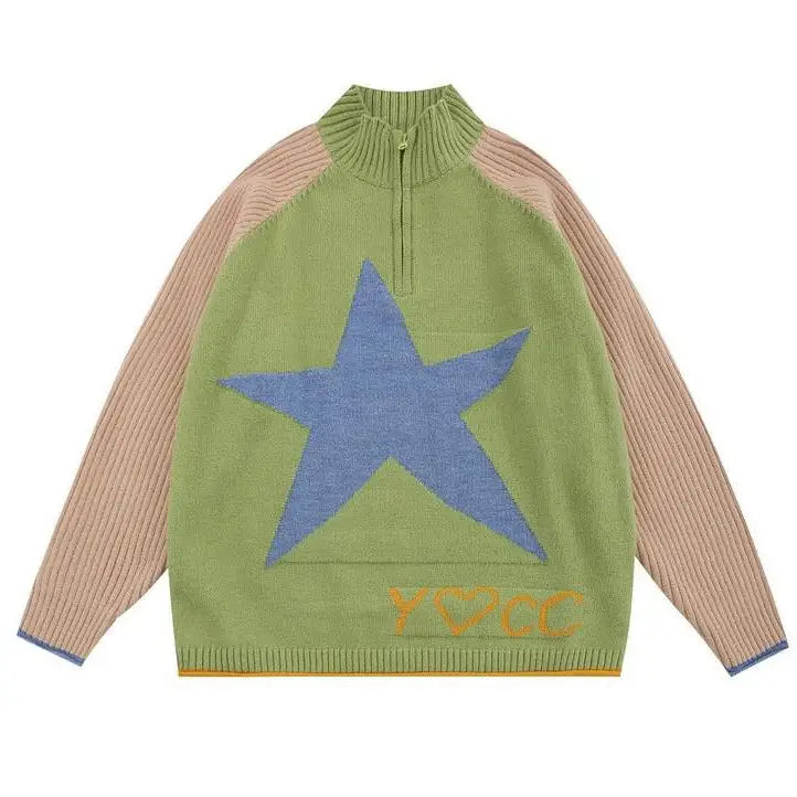 Cute oversized star print jacket with zip-up closure - m / green - sweater