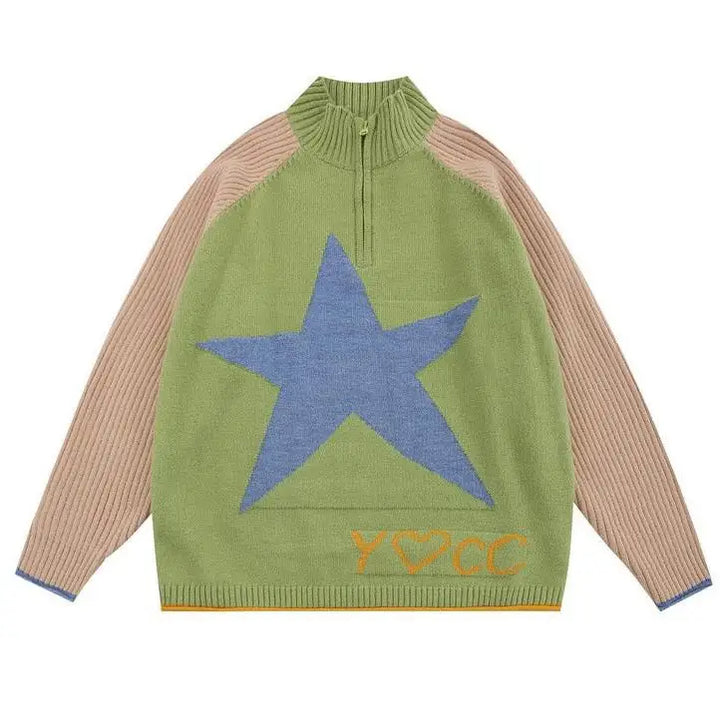 Cute oversized star print jacket with zip-up closure - m / green - sweater