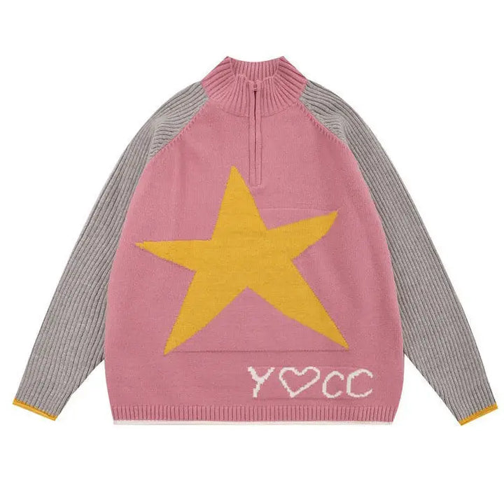 Cute oversized star print jacket with zip-up closure - m / pink - sweater