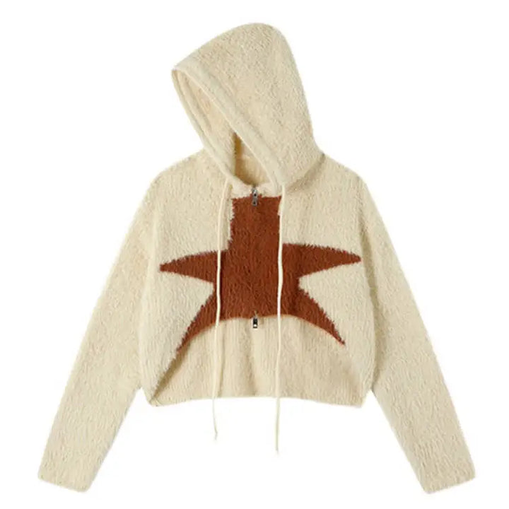 Y2k star hoodie sweater with full zip closure in pink and beige - s