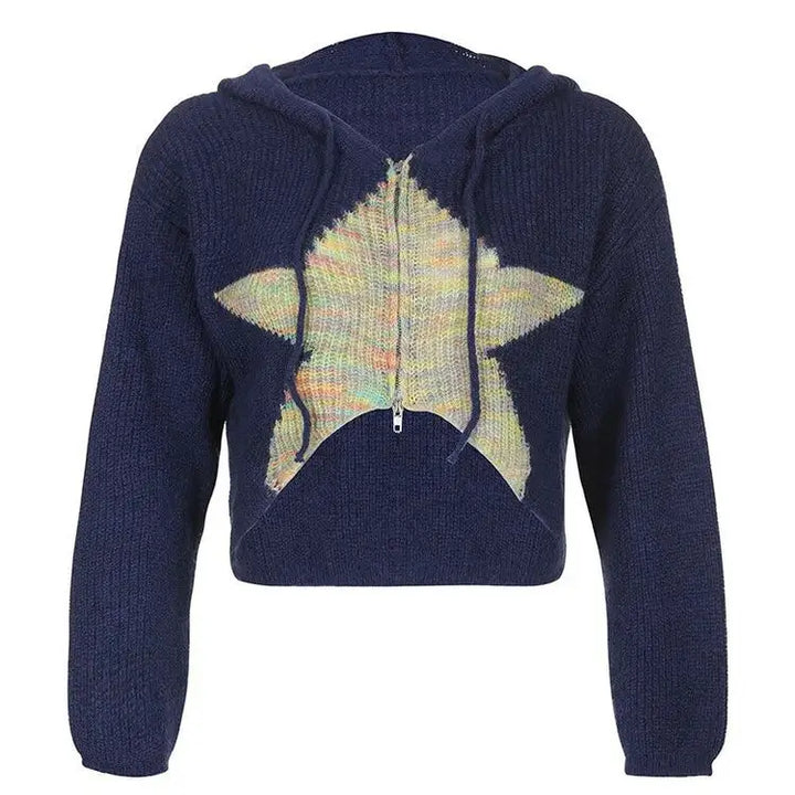 Star zip up knit hoodie - s / blue - sweater