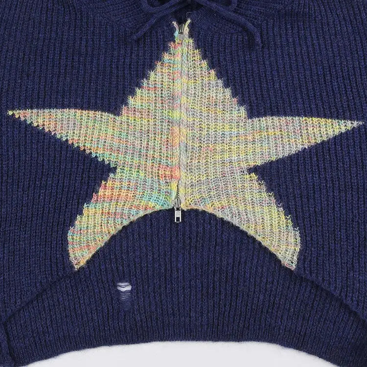 Star zip up knit hoodie - sweater