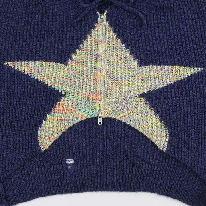 Navy blue star hoodie full zip y2k style cropped jacket - sweater