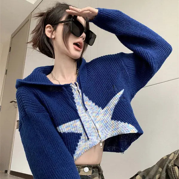 Navy blue star hoodie full zip y2k style cropped jacket - sweater