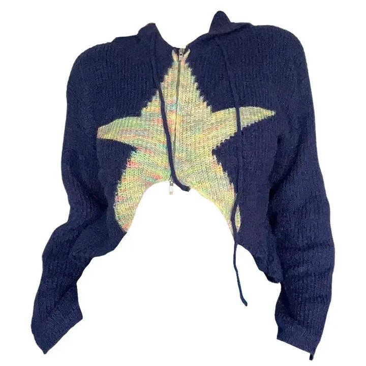 Navy blue star hoodie full zip y2k style cropped jacket - sweater