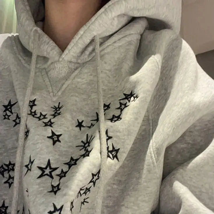 Y2k gray oversized hoodie with star embroidery design