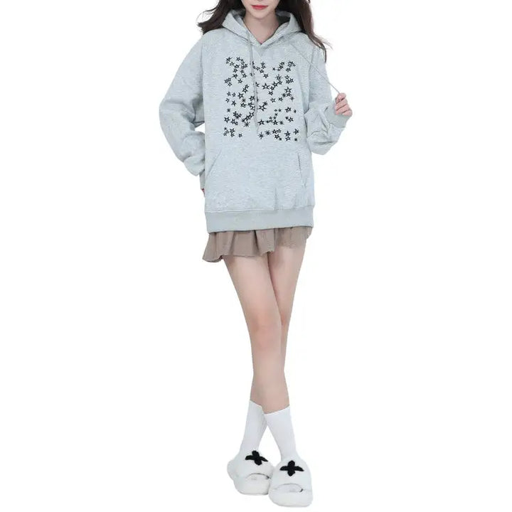 Y2k gray oversized hoodie with star embroidery design