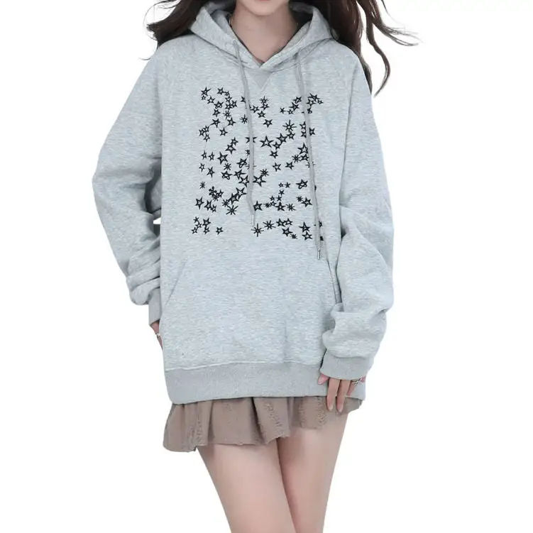 Y2k gray oversized hoodie with star embroidery design