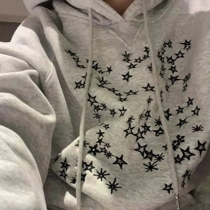 Y2k gray oversized hoodie with star embroidery design - m / grey