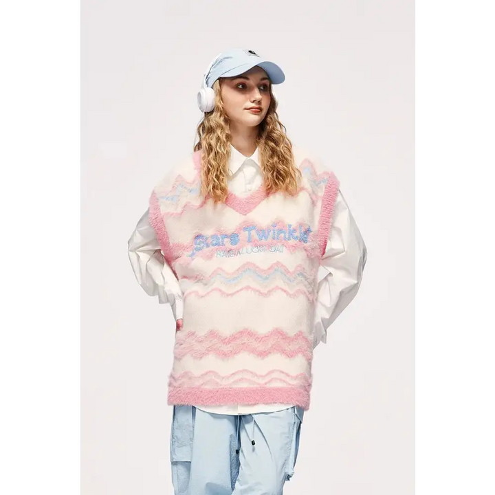 Unisex fluffy sweater vest in soft touch knit material with zigzag pattern - pink / s - vest