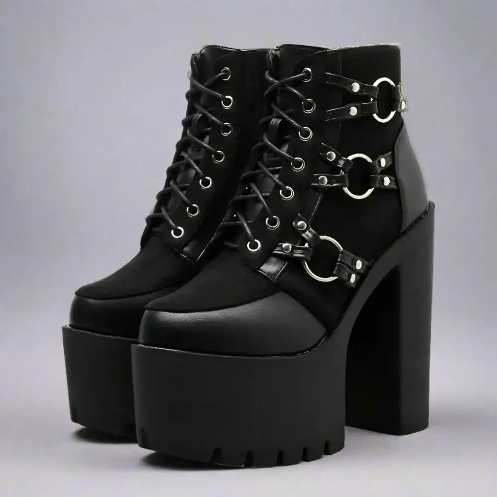 Statement black platform boots - metal hardware lace-up design