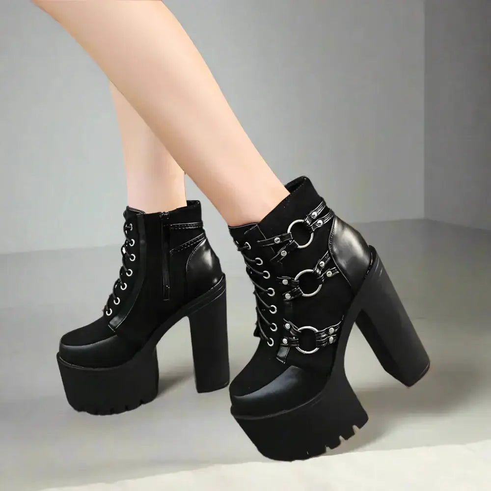 Statement black platform boots - metal hardware lace-up design