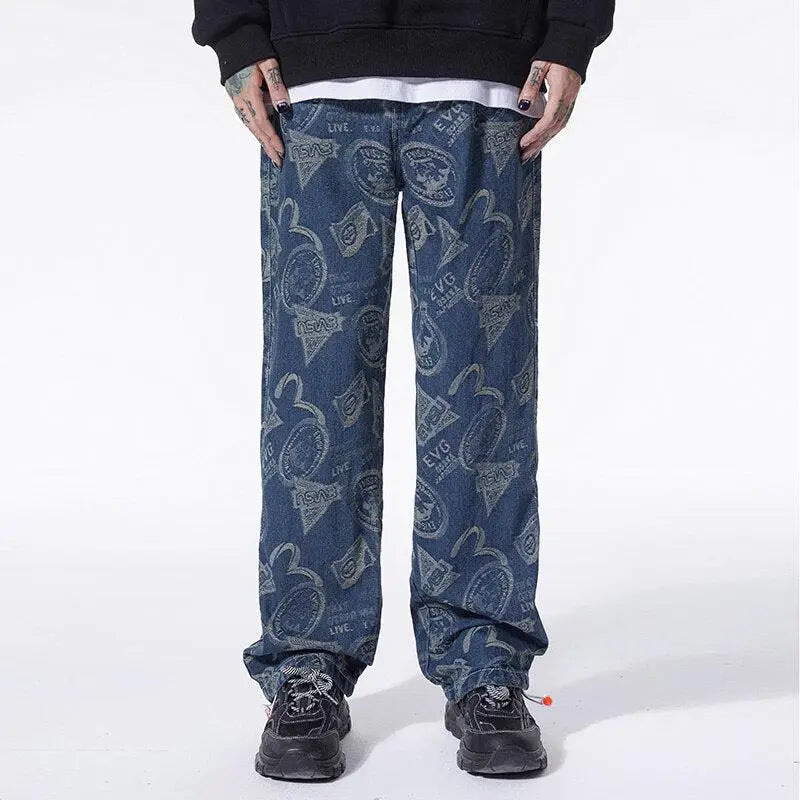 Straight leg printed jeans - dark blue / m