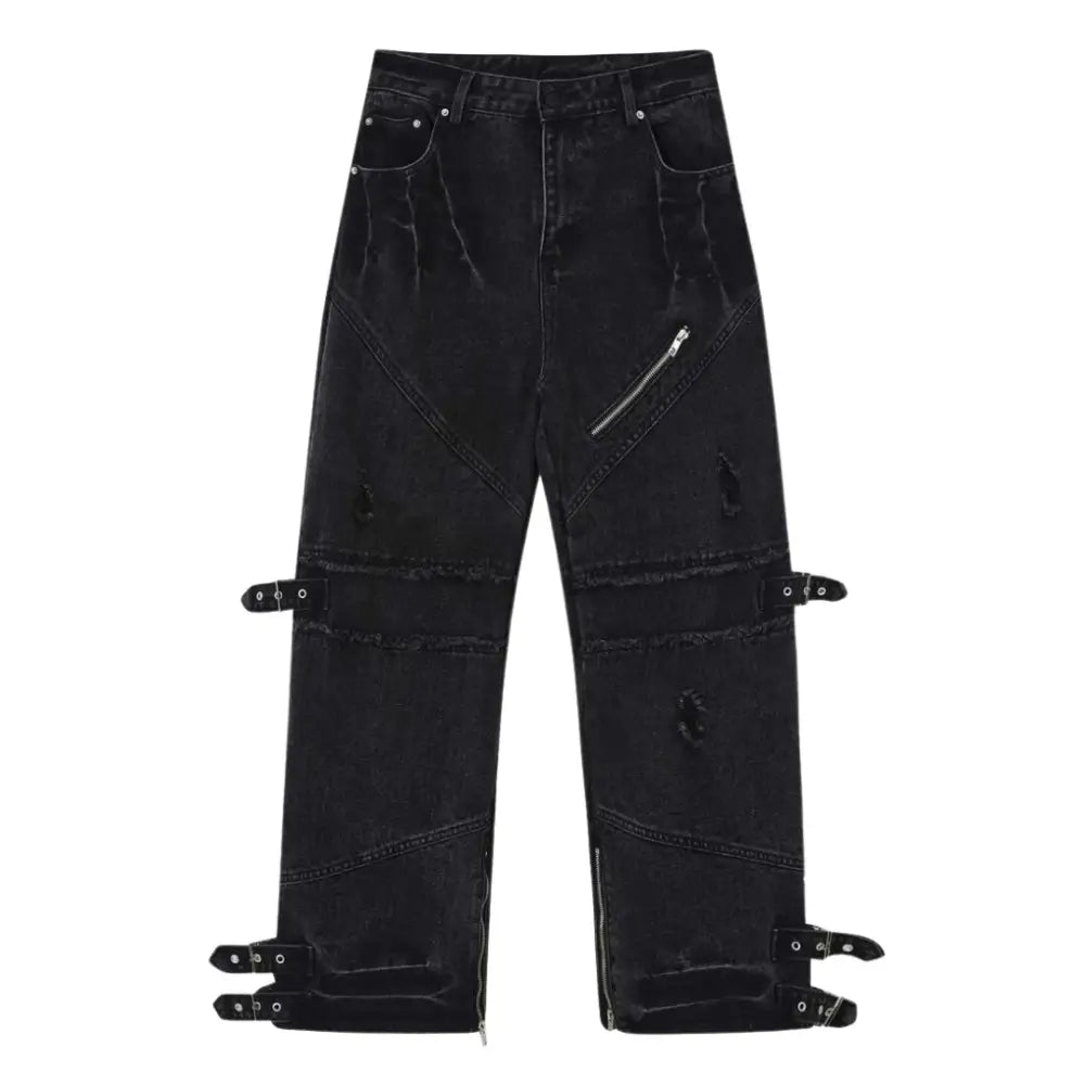 Straps ripped baggy jeans washed black y2k - s