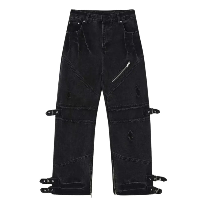 Straps ripped baggy jeans washed black y2k - s