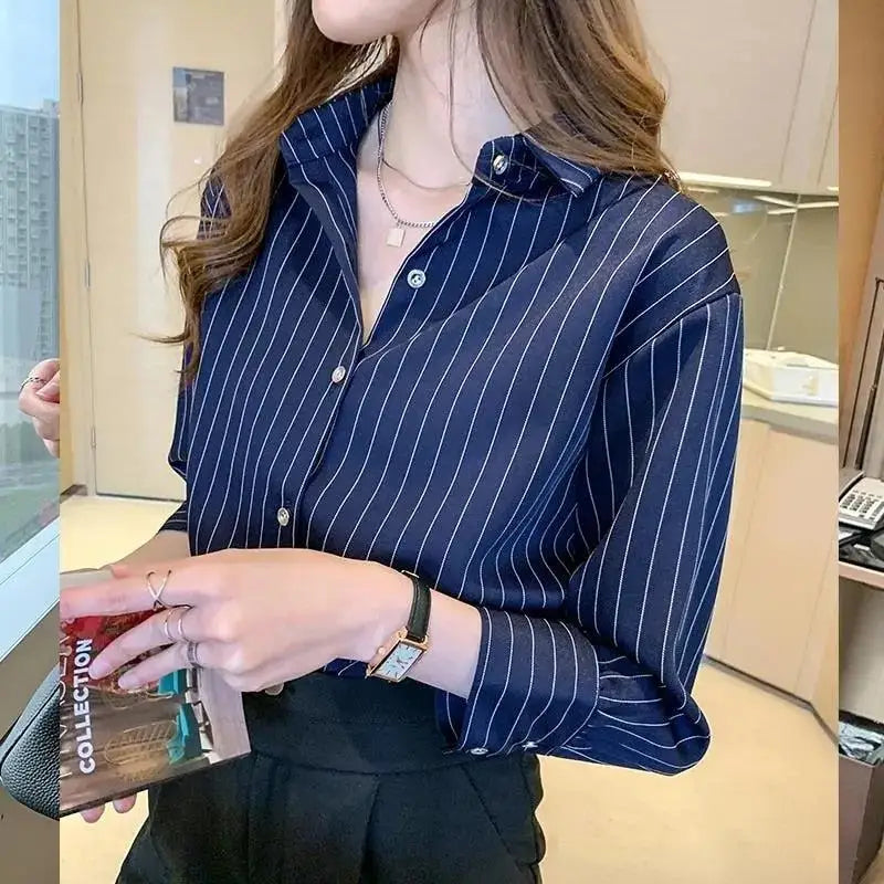 Striped classic long sleeve shirt for effortless office style - blue / s