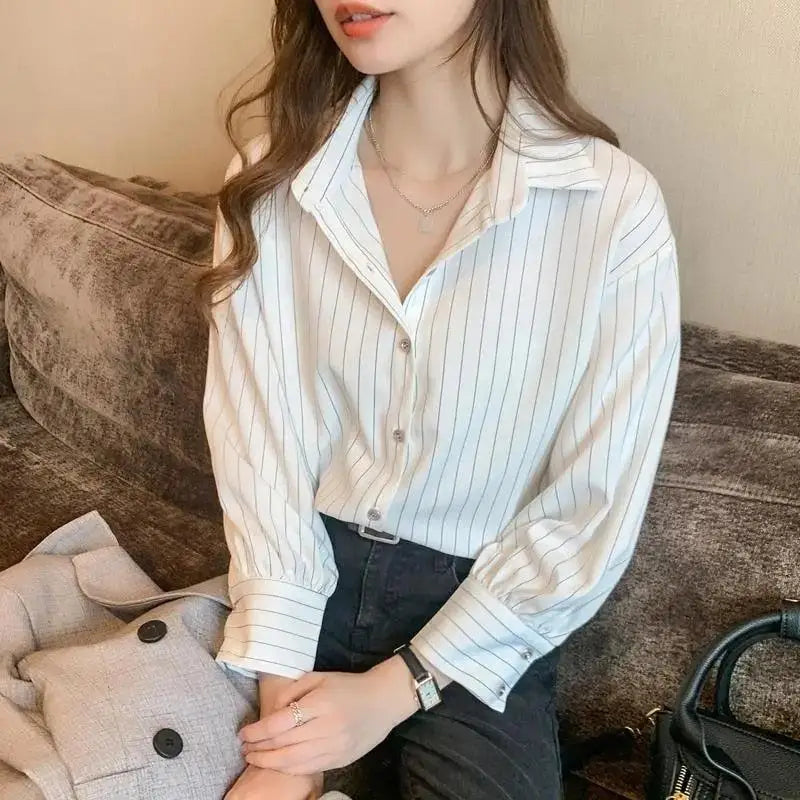 Striped classic long sleeve shirt - white / s