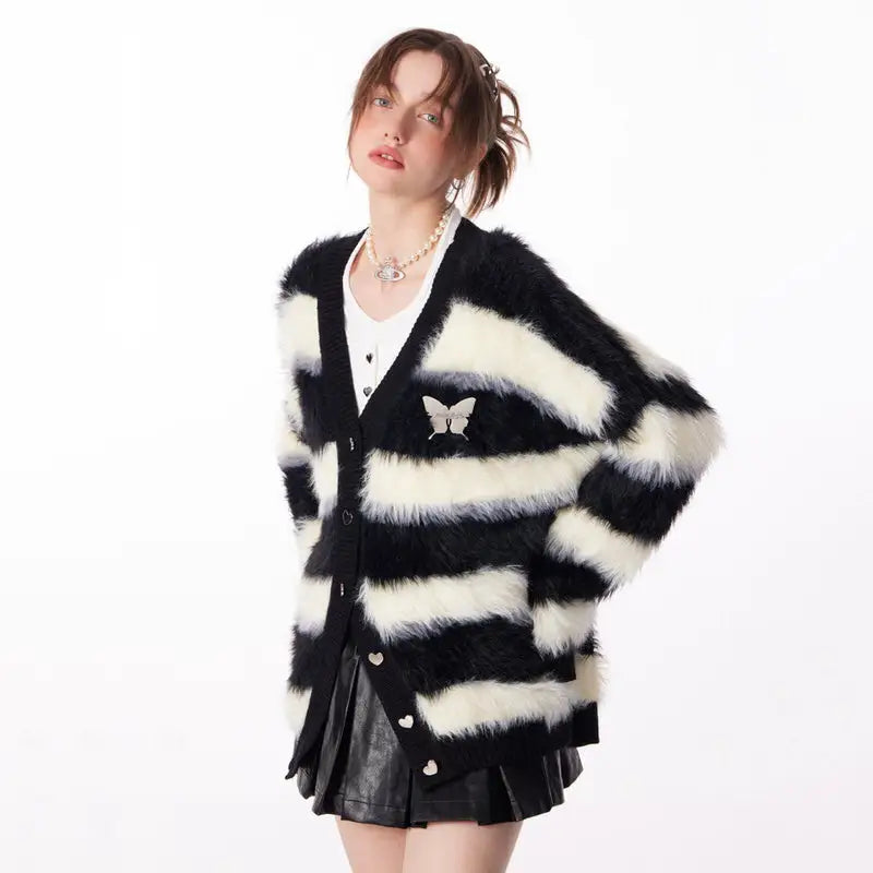 Oversized fuzzy butterfly cardigan in striped y2k style