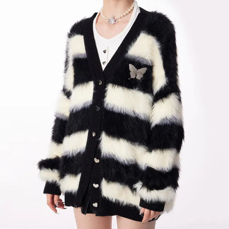 Oversized fuzzy butterfly cardigan in striped y2k style