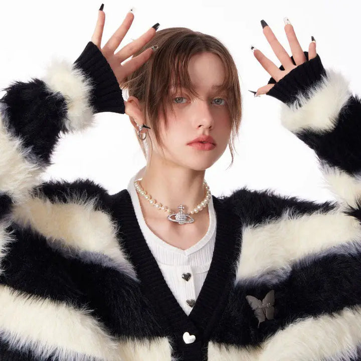 Oversized fuzzy butterfly cardigan in striped y2k style