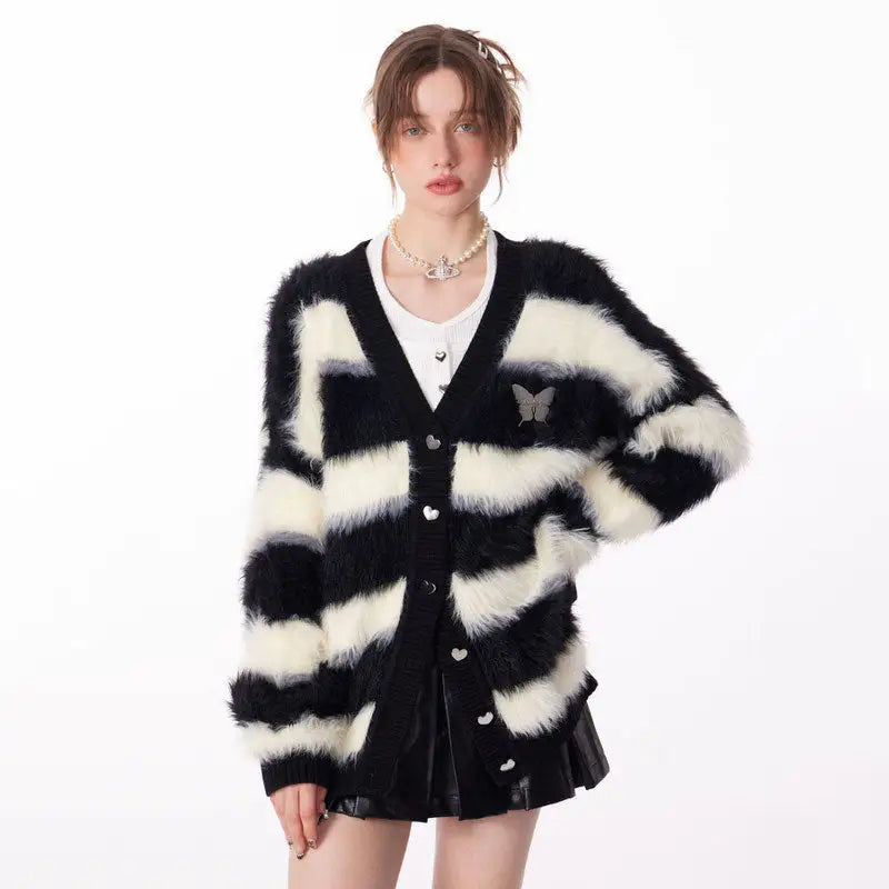 Oversized fuzzy butterfly cardigan in striped y2k style - s / black/white