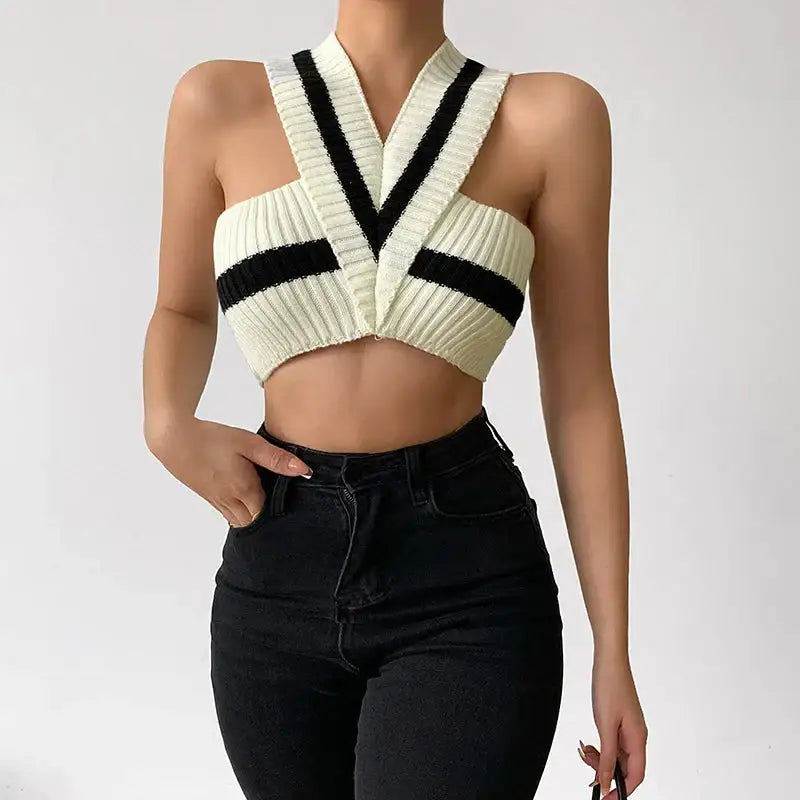 Chic y2k striped full zip jacket with halter cut - cream / one size - crop top