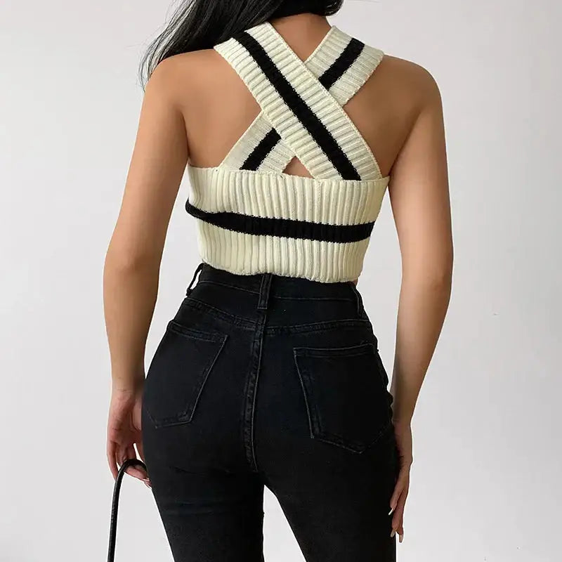 Chic y2k striped full zip jacket with halter cut - cream / one size - crop top